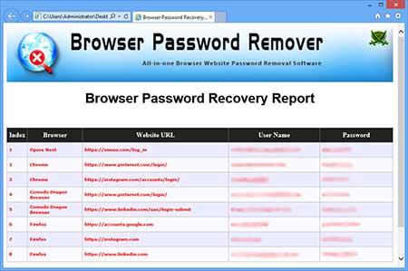 BrowserPasswordRemover showing recovered passwords